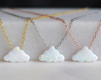 Opal Cloud Necklace, available in Blue or White Opal in different lengths. Silver, Gold or Rose Gold with Cable Chain or Box Chain