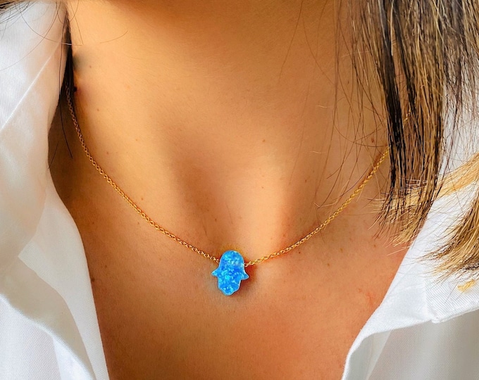 Opal Hamsa Necklace for Woman Girl, Hamsa Hand Necklace, Blue Hamsa, Hand of Hamsa, Fatima Hand, Silver Hamsa Jewelry, White Opal Necklace