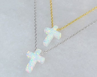 Blue or White Opal Cross Necklace, solid High Quality 925 Sterling Silver Chain, Cable Chain or Box Chain available in different Lengths