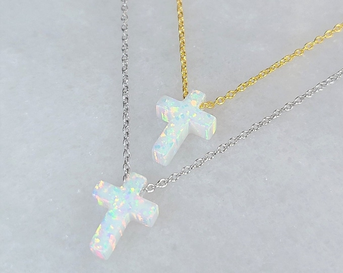 Blue or White Opal Cross Necklace, solid High Quality 925 Sterling Silver Chain, Cable Chain or Box Chain available in different Lengths