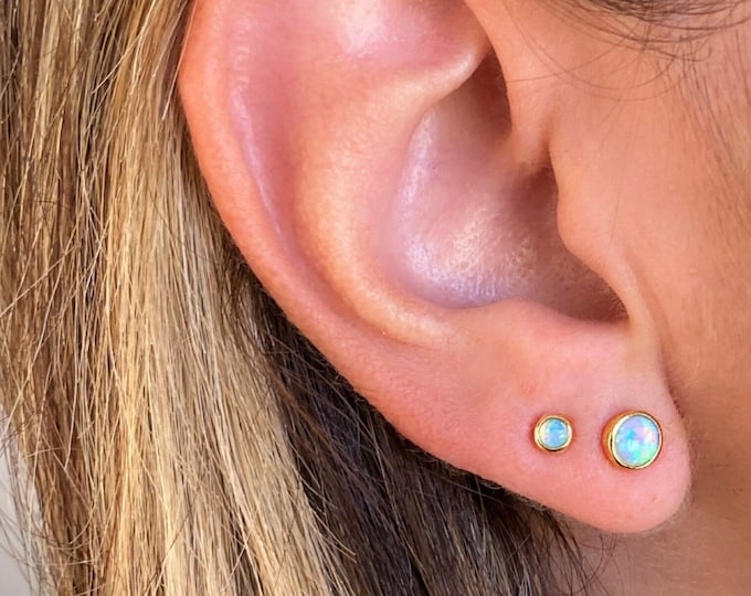Opal Studs Earrings, Pair Silver Stud Earrings, White Blue Opal Stud, Opal Earring Gold, Stud Earring, Tiny Dot Earring, Minimalist Studs