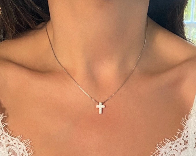 Blue or White Opal Cross Necklace, solid 925 Sterling Silver Chain, Cable Chain and Box Chain available in different lengths