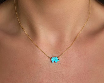 White or Blue Opal Elephant Necklace with solid 925 Sterling Silver Chain (Cable Chain or Box Chain) Silver - Gold - Rose Gold
