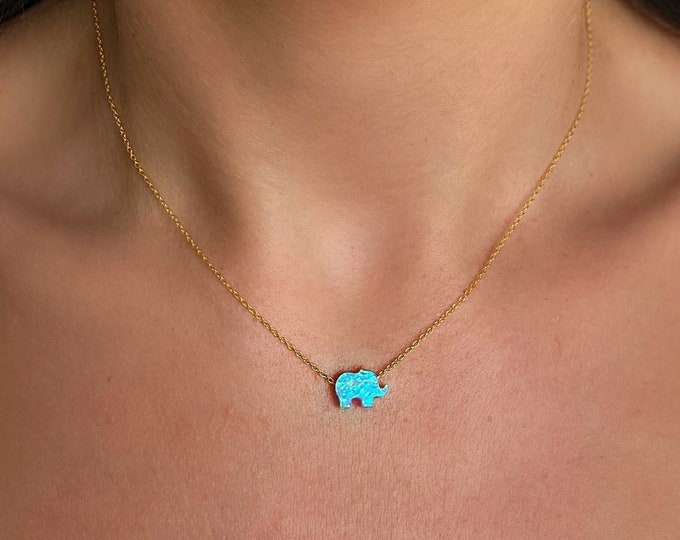 White or Blue Opal Elephant Necklace with solid 925 Sterling Silver Chain (Cable Chain or Box Chain) Silver - Gold - Rose Gold