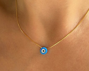 Opal Evil Eye Necklace, Talisman Amulet Protection Nazar Necklace, Silver, Gold, Rose Gold Opal Necklace, Kabbalah, Dainty Blue Opal Choker