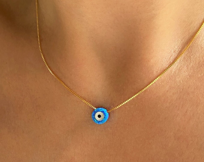 Opal Evil Eye Necklace, Talisman Amulet Protection Nazar Necklace, Silver, Gold, Rose Gold Opal Necklace, Kabbalah, Dainty Blue Opal Choker