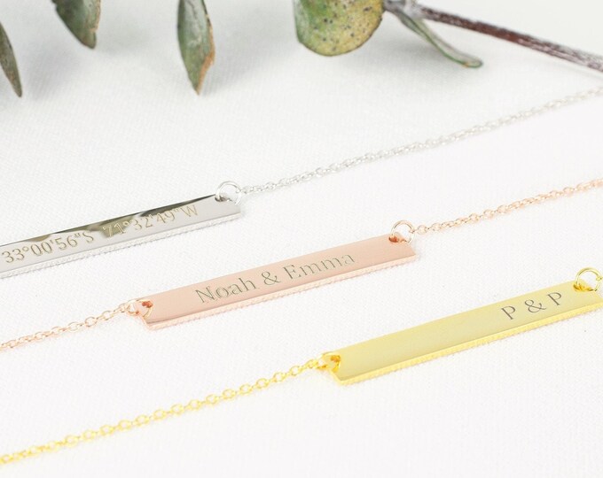 Personalized Horizontal Bar Necklace (925 Sterling Silver), Silver - Gold - Rose Gold