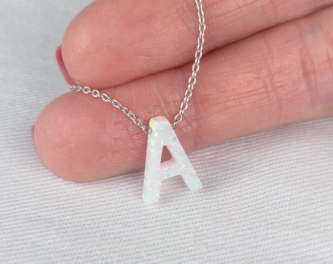 Opal Letter Necklace, Opal Initial Necklace, Large Silver Initial Necklace, Opal Necklace for Women, Big Letter Necklace, Initial Pendant