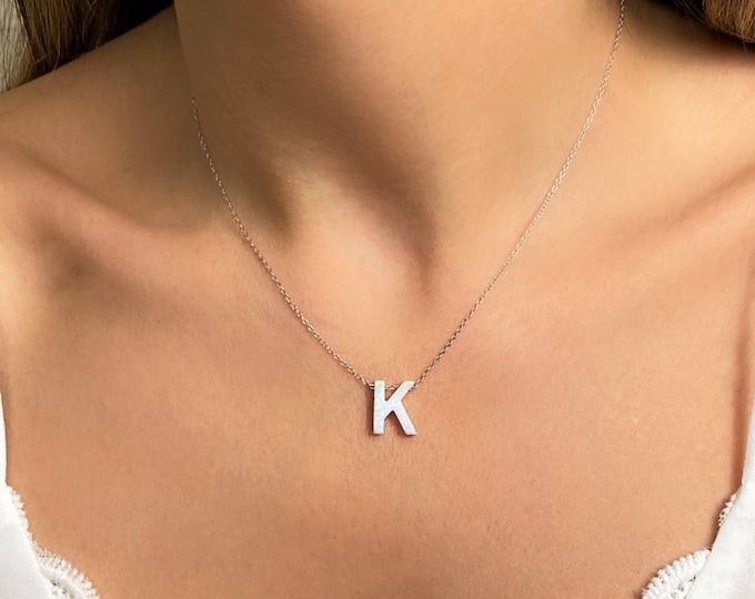 Opal Initial Necklace, Opal Necklace, Opal Letter Necklace, White Opal Necklace, Letter Initial Necklace, Opal Jewelry, Silver Opal Necklace