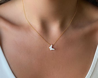 Blue or White Opal Butterfly Necklace, solid High Quality 925 Sterling Silver Chain, Cable Chain or Box Chain available in different Lengths