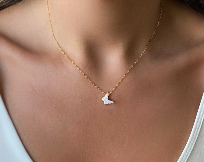 Blue or White Opal Butterfly Necklace, solid High Quality 925 Sterling Silver Chain, Cable Chain or Box Chain available in different Lengths