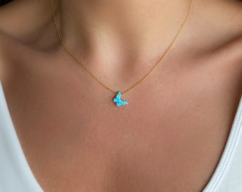 Blue or White Opal Butterfly Necklace, solid High Quality 925 Sterling Silver Chain, Cable Chain or Box Chain available in different Lengths