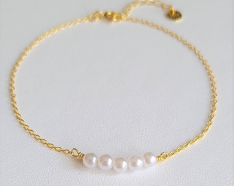 Dainty 5 Pearl Beaded Bracelet, Freshwater Pearl Bracelet for Women, Delicate Layering Pearl Bracelet, Gold, Silver Bracelet, Simple Pearl