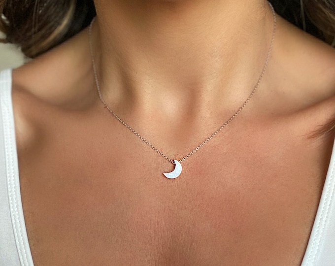 Moon Necklace, Blue Opal Moon Necklace, Opal Moon Jewelry, Crescent Moon Necklace, Opal Necklace Women Girl, White Moon Choker, Blue Moon