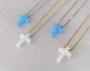 Blue or White Opal Cross Necklace, solid High Quality 925 Sterling Silver Chain, Cable Chain or Box Chain available in different Lengths