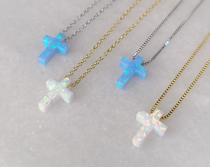 Blue or White Opal Cross Necklace, solid High Quality 925 Sterling Silver Chain, Cable Chain or Box Chain available in different Lengths