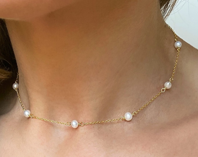 Pearl Necklace, Freshwater Pearl Necklace, Natural Pearl Necklace, Silver Pearl Necklace, Dainty Pearl Choker, Gold Pearl Necklace for Women