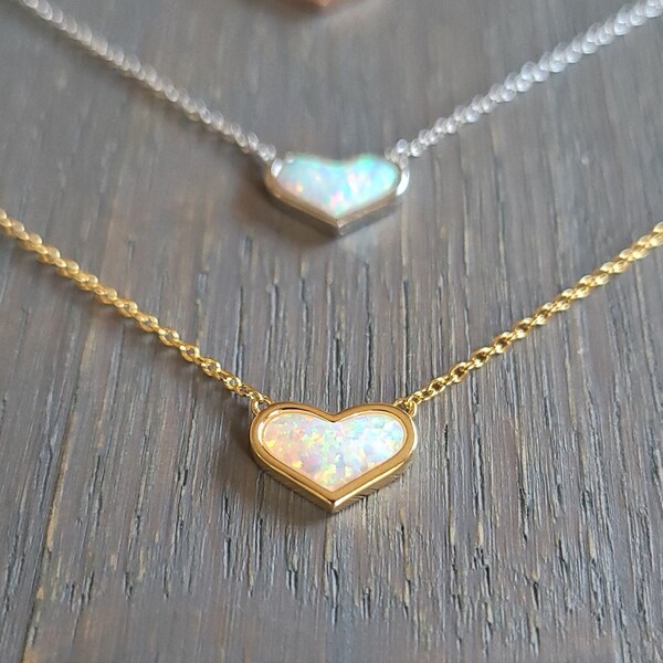 Opal Heart Necklace, Sterling Silver Heart Necklace, Dainty White Opal Heart Pendant, Heart Necklace for Women Girl Daughter, Heart Jewelry