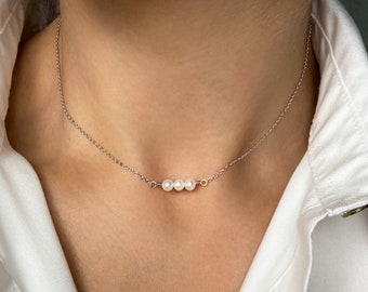 Freshwater Pearl Necklace, 3 Pearl Necklace, Dainty Pearl Choker Necklace, Three Pearl Necklace, Dainty Pearl Choker, Simple Pearl Necklace