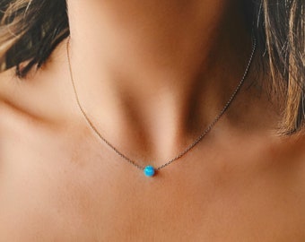 Blue Opal Necklace, Opal Necklace for Women Girl, Silver Opal Choker Necklace, Dainty Opal Bead Necklace, Tiny Dot Opal, Birthday Gift Her