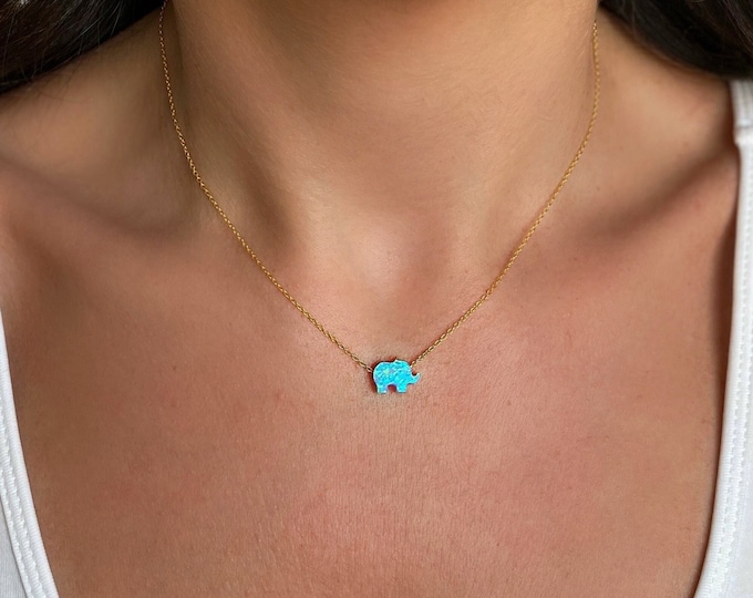 White or Blue Opal Elephant Necklace with solid 925 Sterling Silver Chain (Cable Chain or Box Chain) Silver - Gold - Rose Gold