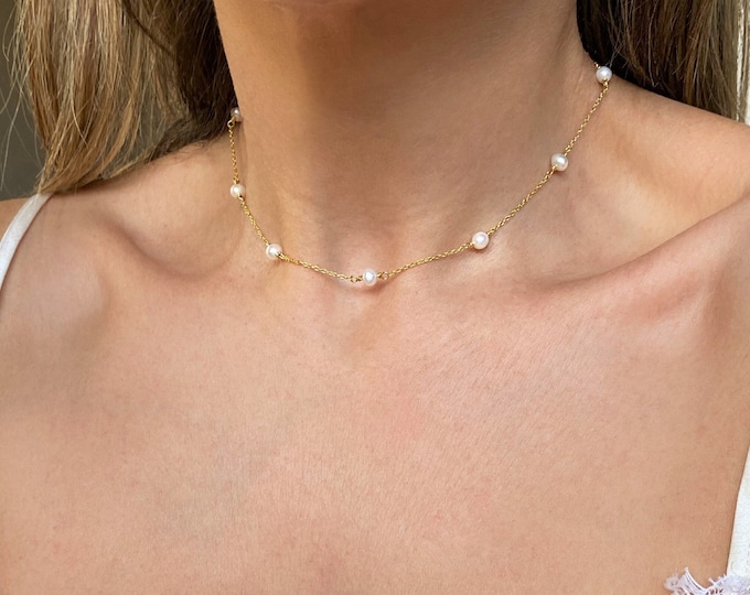 Dainty Pearl Necklace, Pearl Choker, Freshwater Pearl Necklace, Silver Pearl Necklace, Gold Pearl Choker, Tiny Pearl Choker, Pearl Jewelry
