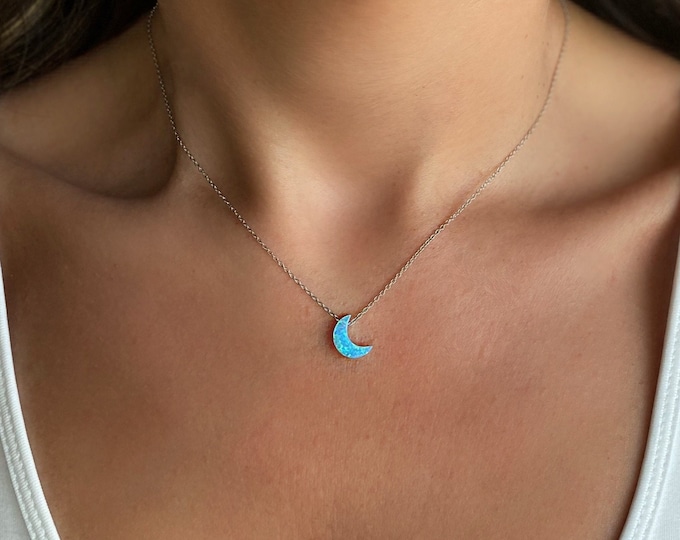 Opal Moon Necklace, Moon Necklace, Opal Jewelry, Crescent Moon Necklace, Opal Necklace Women, Blue Opal Moon, White Moon Choker, Moon Gift