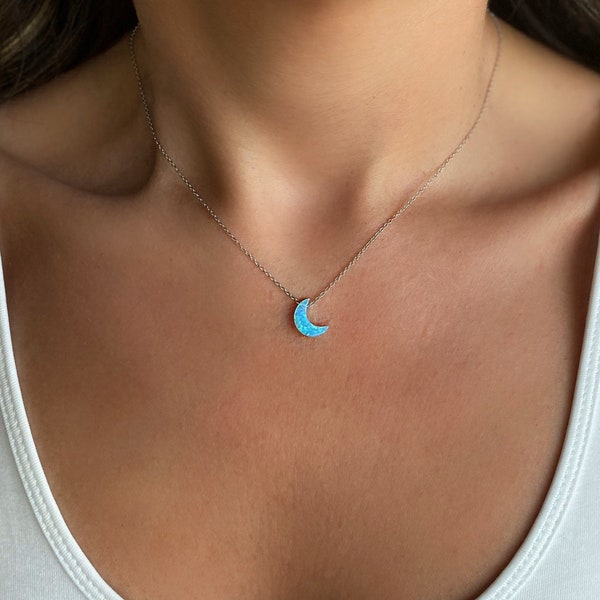 Opal Moon Necklace, Moon Necklace, Opal Jewelry, Crescent Moon Necklace, Opal Necklace Women, Blue Opal Moon, White Moon Choker, Moon Gift