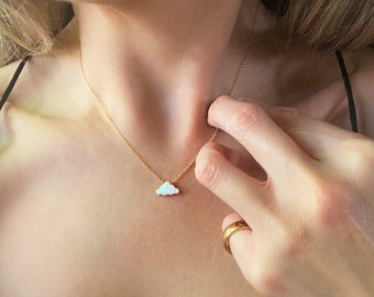 Opal Cloud Necklace, available in Blue or White Opal in different lengths. Silver, Gold or Rose Gold with Cable Chain or Box Chain