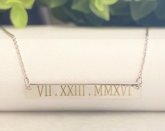 Personalized Horizontal Bar Necklace, Bar and Chain solid 925 Sterling Silver, Gold - Rose Gold - Silver