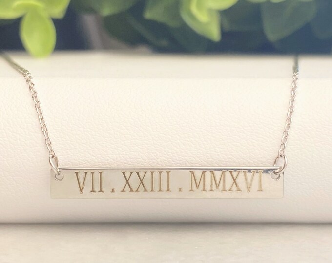 Personalized Horizontal Bar Necklace, Bar and Chain solid 925 Sterling Silver, Gold - Rose Gold - Silver