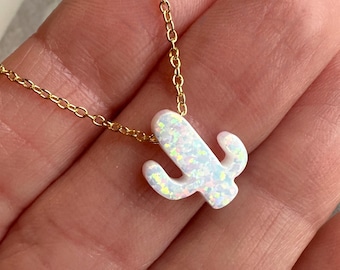 White Opal Cactus Necklace, 925 Sterling Silver Chain, Cable Chain or Box Chain available in different Lengths. Silver, Gold, Rose Gold.