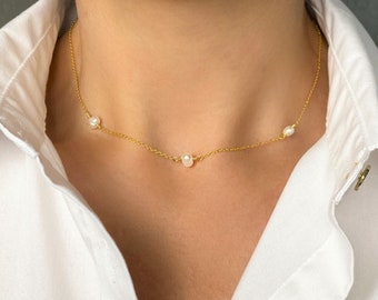Dainty Pearl Choker Necklace, Freshwater Pearl Necklace, Three or Ten Pearl Choker, Tiny Silver Gold Pearl Necklace Choker, Mothers Day Gift