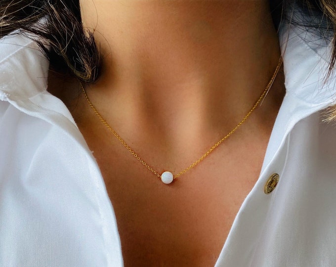 White Opal Ball Bead Necklace for Woman Girl, Chain made with solid High Quality 925 Sterling Silver, Available in Gold, Rose Gold, Silver