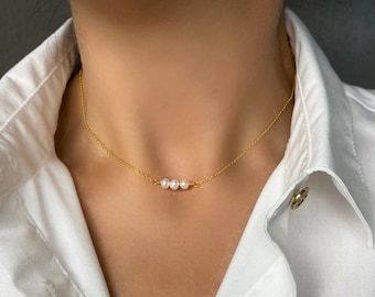 3 Pearl Necklace, Three Pearl Necklace, Freshwater Pearl Choker Necklace, Dainty Pearl Necklace, Silver Pearl Choker, Gold Pearl Necklace