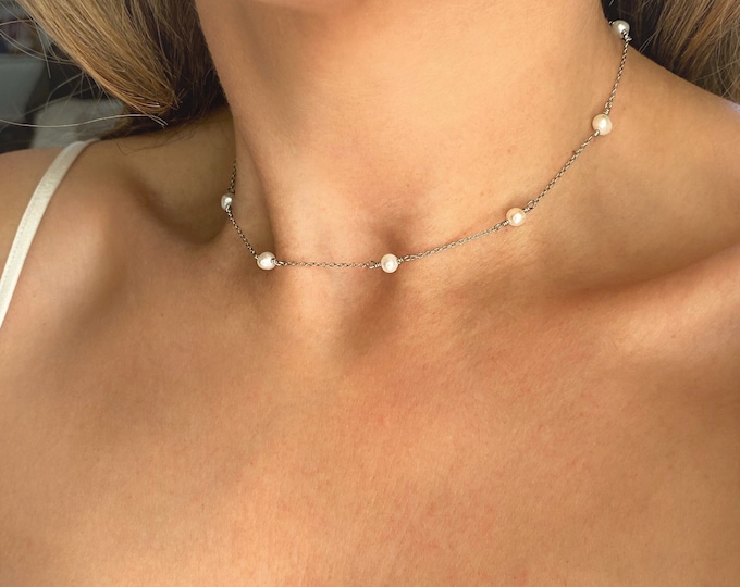 Freshwater Pearl Choker Necklace, 3 Pearl Necklace for Women, Ten Pearl Necklace, Silver Pearl Necklace, Gold Pearl Necklace, Dainty Pearl