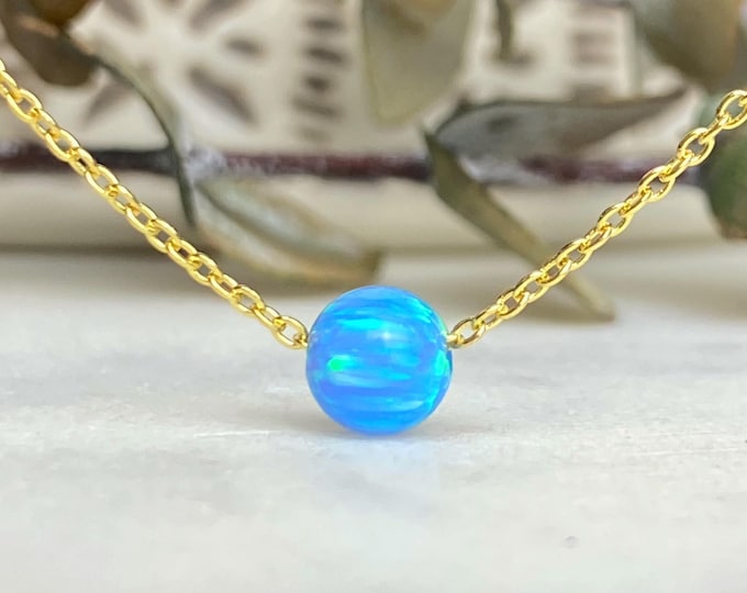 Blue Opal Ball Bead Necklace for Woman Girl, Chain made with solid High Quality 925 Sterling Silver, Available in Gold, Rose Gold, Silver