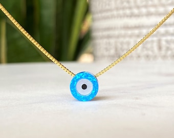 Evil Eye Necklace, Talisman Amulet Protection Nazar Necklace, Silver Evil Eye, Gold Evil Eye, Kabbalah Necklace, Dainty Blue Opal Choker