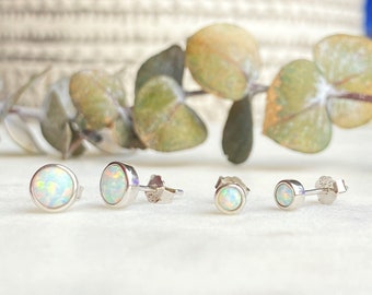 Opal Stud Earring, Pair Sterling Silver Stud, White Opal Stud, Opal Earring, Stud Earring, Blue Stud, Tiny Dot Earring, Minimalist Opal Stud