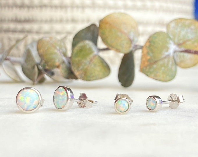 Opal Stud Earring, Pair Sterling Silver Stud, White Opal Stud, Opal Earring, Stud Earring, Blue Stud, Tiny Dot Earring, Minimalist Opal Stud