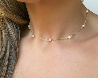 Pearl Choker, Freshwater Pearl Necklace, Tiny Pearls Choker, 10 Natural Pearls Necklace, Dainty Pearl Necklace, Floating Minimalist Handmade