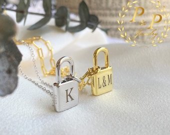 Initial Lock Necklace, Personalized Lock Necklace, Initial Padlock Pendant, Gold Lock Necklace Women, Custom Sterling Silver Lock Necklace