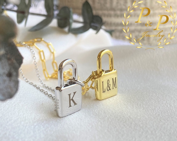 Initial Lock Necklace, Personalized Lock Necklace, Initial Padlock Pendant, Gold Lock Necklace Women, Custom Sterling Silver Lock Necklace