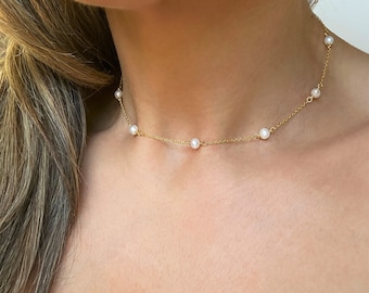 Pearl Necklace, Freshwater Pearl Necklace, Three or Ten Pearl Necklace, Silver Gold Pearl Necklace, Dainty Pearl Choker, Mothers Day Gift