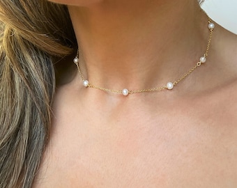 Pearl Necklace, Freshwater Pearl Necklace, Three or Ten Pearl Necklace, Silver Gold Pearl Necklace, Dainty Pearl Choker, Mothers Day Gift