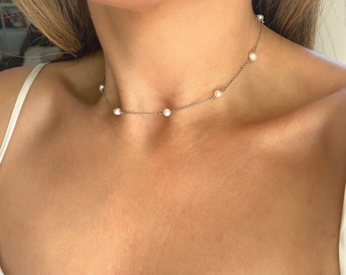 Freshwater Pearl Necklace, Tiny Pearls Choker, 10 Natural Pearls Necklace, Dainty Pearl Necklace, Pearl Beads Necklace for Women, Bridesmaid