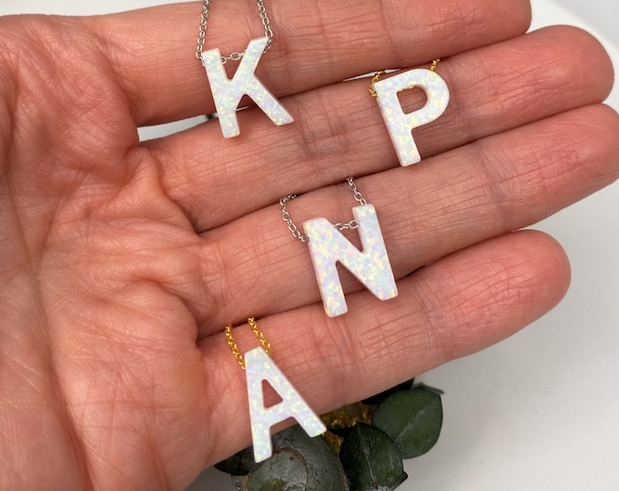 Opal Initial Necklace • Opal Letter Necklace • Large Big Letter Initial Choker • White Opal Necklace for Woman • Opal Jewelry for Mom Wife