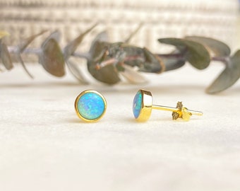 Blue or White Opal Stud Earring, 925 Sterling Silver Stud, Opal Stud, Opal Earring, Dainty Stud Earring, Tiny Dot Earring, Minimalist Stud