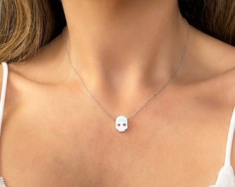 Skull Necklace for Women, Opal Choker Necklace, Opal Skull Necklace, Skull Pendant, Halloween White Skull Jewelry, Dainty Skull Women Girl