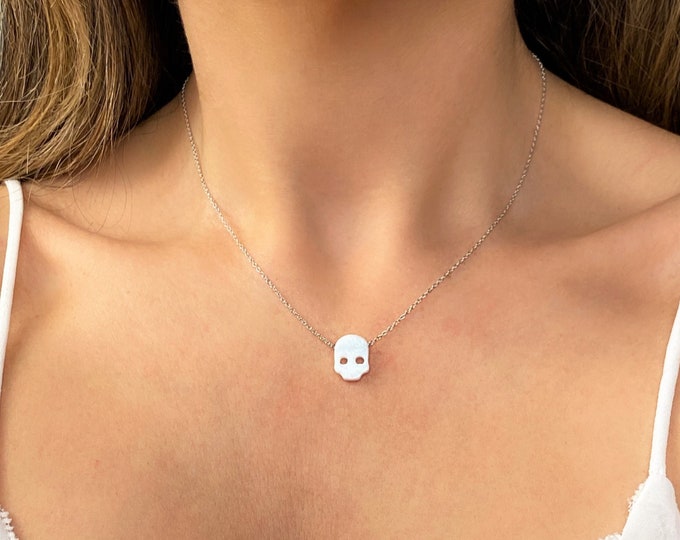 Skull Necklace for Women, Opal Choker Necklace, Opal Skull Necklace, Skull Pendant, Halloween White Skull Jewelry, Dainty Skull Women Girl